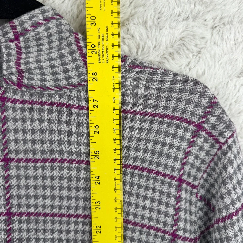 Lands End Cardigan Womens 1X Gray Purple Plaid Houndstooth Open Front Sweater
